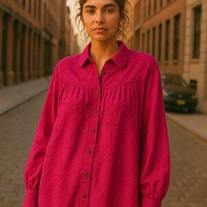 Free People Shirt Can't Stop Dreaming Tunic Button Up Hot Pink Oversized Flowy